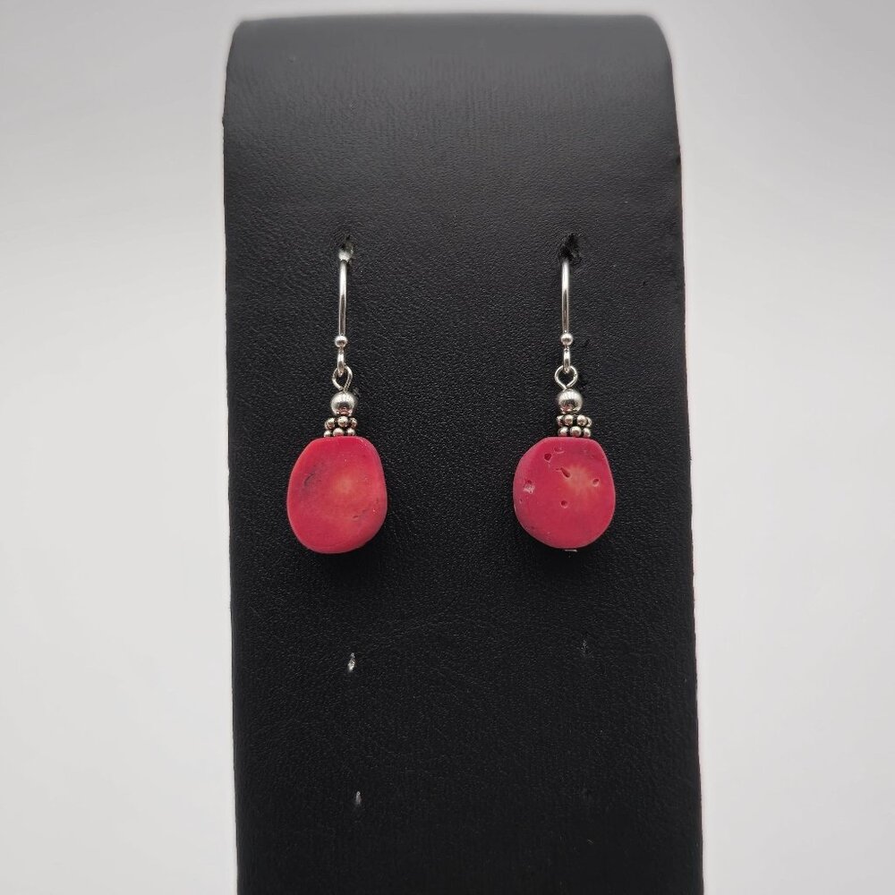 Sterling Silver Cute Red Coral Dangle Earrings A2687